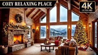 Cozy Christmas Cabin Jazz 🎄 Fireplace Crackles & Snowy Mountain Views for Deep Relax