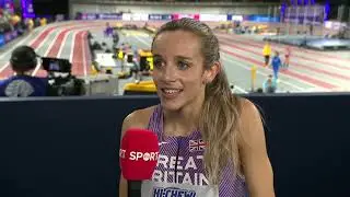 Georgia Bell of TEAM GB reacts to her qualification from the 1500m Heat