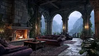 Gothic Castle Room On A Rainy Night | Fireplace & Light Rain | Dark Fantasy Ambience (3 Hours)