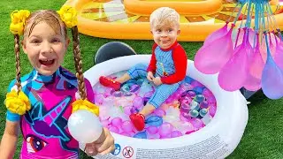 Diana and Roma Water Balloons PlayDate with Baby Oliver