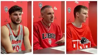 UNM Lobo coach Eric Olen and Lobos Tomislav Buljan and JT Rock after beating Nevada (Jan. 24, 2026)