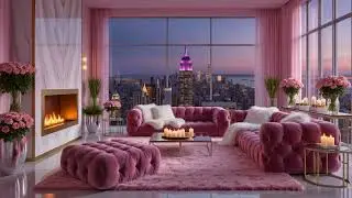 Pink Aesthetic Luxury Penthouse NYC skyline Fireplace 🎀 Cozy Lofi Music to Relax / Sleep / Study