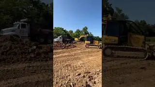 Лазерная планировка строительной площадки с помощью бульдозера Caterpillar D3 и экскаватора Cat 3...