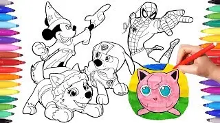 Cartoon Characters Coloring Book Page 5: Mickey Mouse, Jigglypuff, Paw Patrol, Spiderman