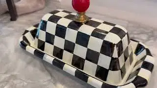 MACKENZIE CHILDS Enamel Butter Box, Cute Lidded Butter Dish, Black and White Courtly Check