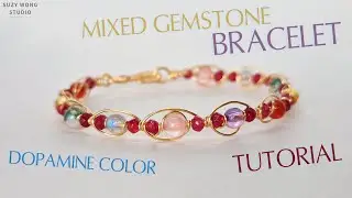 Mixed Gemstones Dopamine Colors Wire Wrap Bracelet Tutorial| DIY Bangle| DIY Jewelry| How to make