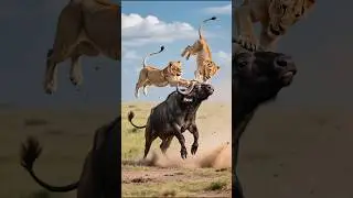 Buffalo Father&rsquo;s Fury: Lion Flies for Attacking His Calf! #buffaloattacks #lionattacks #gohunt