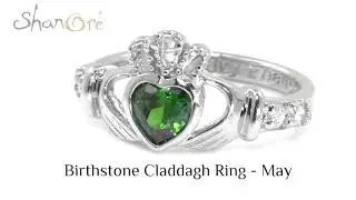 May Birthstone Claddagh Ring Emerald CZ, Made in Ireland