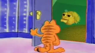 garfield answers the door to yellow puffer fish singing