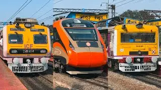 Tracking Vande Bharat Express and classic EMU trains crossing at busy Belur station.