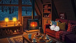 1950s vintage oldies playing in another room crackling fireplace