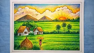 beautiful village drawing with Rice field || easy drawing 