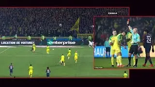 French referee kicks out at Nantes defender before sending him off for unintentionally tripping him