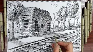 How to Draw A Train Station Scenery | Pen & Ink Drawing#4