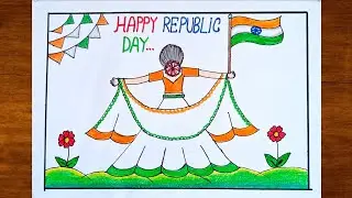 Happy republic day drawing/ 26th january poster drawing/ Republic day chart/ India flag drawing 🟠⚪🟢