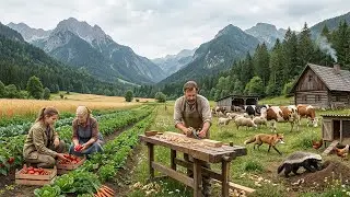Bountiful Fruit & Vegetable Harvest in the Fields, Harvesting farm produce and making wooden items.