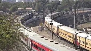 First time in history Two passenger trains crossing each other on Aji railway bridge after Rajkot jn