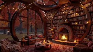 Cozy Autumn Library Jazz 🍂 Fireplace & Smooth Piano Rainy Ambience for Reading, Relax & Work