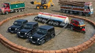 JCB Tractor Cartoon Video | 3 Thar Jeep Pulling Tanker Truck From Mud | Riverside Accident | DA Toys