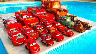 Disney Pixar Cars falling into deep pool, Lightning McQueen, Tow Mater, Mack, Sally, Francesco