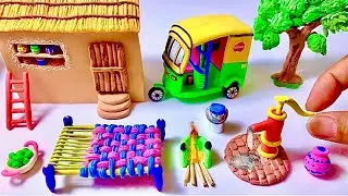 DIY How to make polymer clay miniature House, Auto Rickshaw, Kitchen set, Hand pump Priyanka Rajput