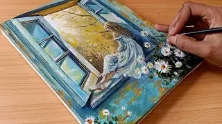 How to Draw a Girl Sitting on a Window/ Easy Acrylic Painting for Beginners