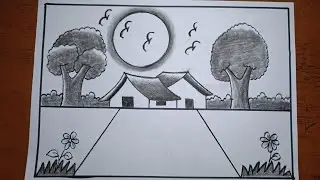 Realistic scenery drawing easy/How to draw a realistic sunset with pencil/Simple village scenery art