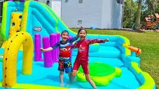 Hailey Pretend Play with Inflatable Princess Toy and Water Slide Obstacle Course!