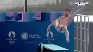 French Olympic diver takes massive spill in front of Emmanuel Macron