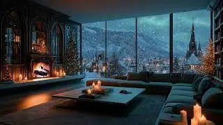 Warm Fireplace and Winter Wind Ambience in a Cozy Living Room by Snowy Forest for Deep Relaxation