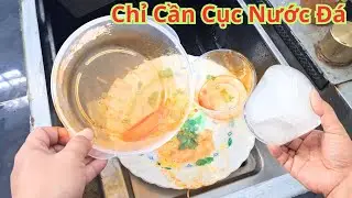 Chỉ cần cho cục nước đá vào dầu mỡ sạch bóng 100%. Cách tẩy rửa dầu mỡ dính trên tô chén mũ