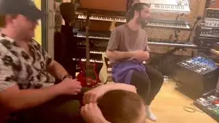 Dylan O'Brien with Taylor Swift, Austin Swift, Jack Antonoff and Rachel Antonoff in the studio.