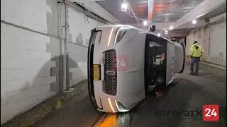 Chaverim's ESU flips car in Bingo parking lot after ESU was unable to enter due to the low ceiling.