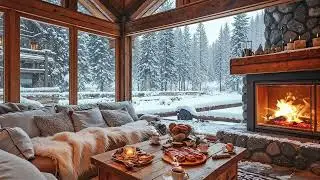 Winter Jazz Cabin Escape ❄️ Cozy Fireplace Ambience, Snowy Forest & Smooth Jazz Music