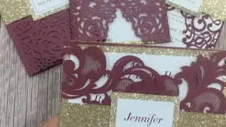 Classic Burgundy Shimmer Laser Cut Wedding Invite With Rose Gold Glittery Belly Band