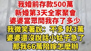 我婚前存款500萬，新婚第3天全家聚會，婆婆當眾問我存了多少，我微笑著說：不多，就3萬！婆婆還沒說話小姑子急了，那我66萬陪嫁怎麽辦！#婆媳关系 #家庭伦理 #完結 #情感故事 #爽文 #暖光故事集