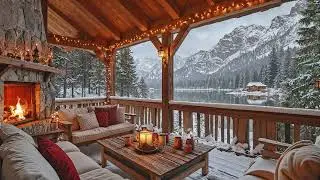 Cozy Winter Porch Jazz ❄️ Fireplace Ambience & Smooth Jazz Music for Snowy Relaxing Evenings
