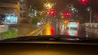 Driving on rainy Service road at night for sleep,work,study （rear camera)