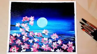 Easy Cherry Blossom Flowers with Beautiful Landscape Painting / How to draw Cherey Blossom Flowers
