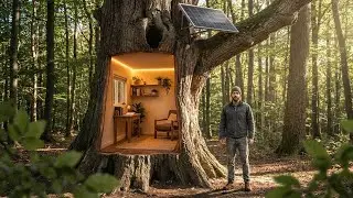 Building a modern cabin inside a hollow oak tree (ASMR) - This man built a hidden home by himself