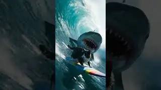 A cat's thrilling surfing adventure! Realistic and breathtaking giant shark attack scene #shorts