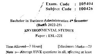 Gndu BBA 4th Semester Environmental Studies Question Paper | Bba 4th Semester Question Paper 2024