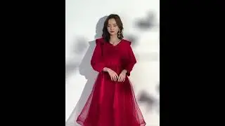 Red Tulle Long Sleeve Semi Formal Dress Fashion Knee length Zipper Back V Neck