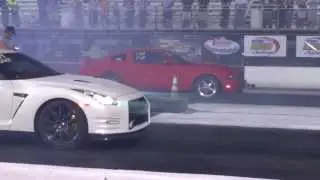 Mustang 5.0 Coyote vs Nissan GTR clocks off race Cincy Street Wars 3