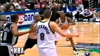 Bruce Bowen with a in-game flying kick to the face.
