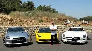 Ferrari 458 vs. Nissan GT-R vs. Mercedes SLS مقارنة فيراري 458 و نيسان جي تي ار و مرسيدس