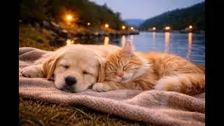 Moonlit Lake Bridge with a Sleeping Cat and Dog| 30-Minute Relaxation🐶🐱