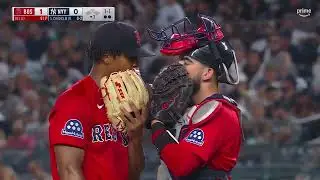 Connor Wong jump scares Brayan Bello when he sneaks up on him during a mound visit