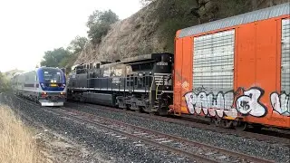 Union Pacific AMICH Autos With Norfolk Southern Locomotive Meets ACE 3 Commuter Train Sunol, CA