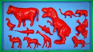 Cleaning Muddy Animal Toys, T-rex, Therezhinosaurus, Diliposaurus, frog, cow, lion, frog.